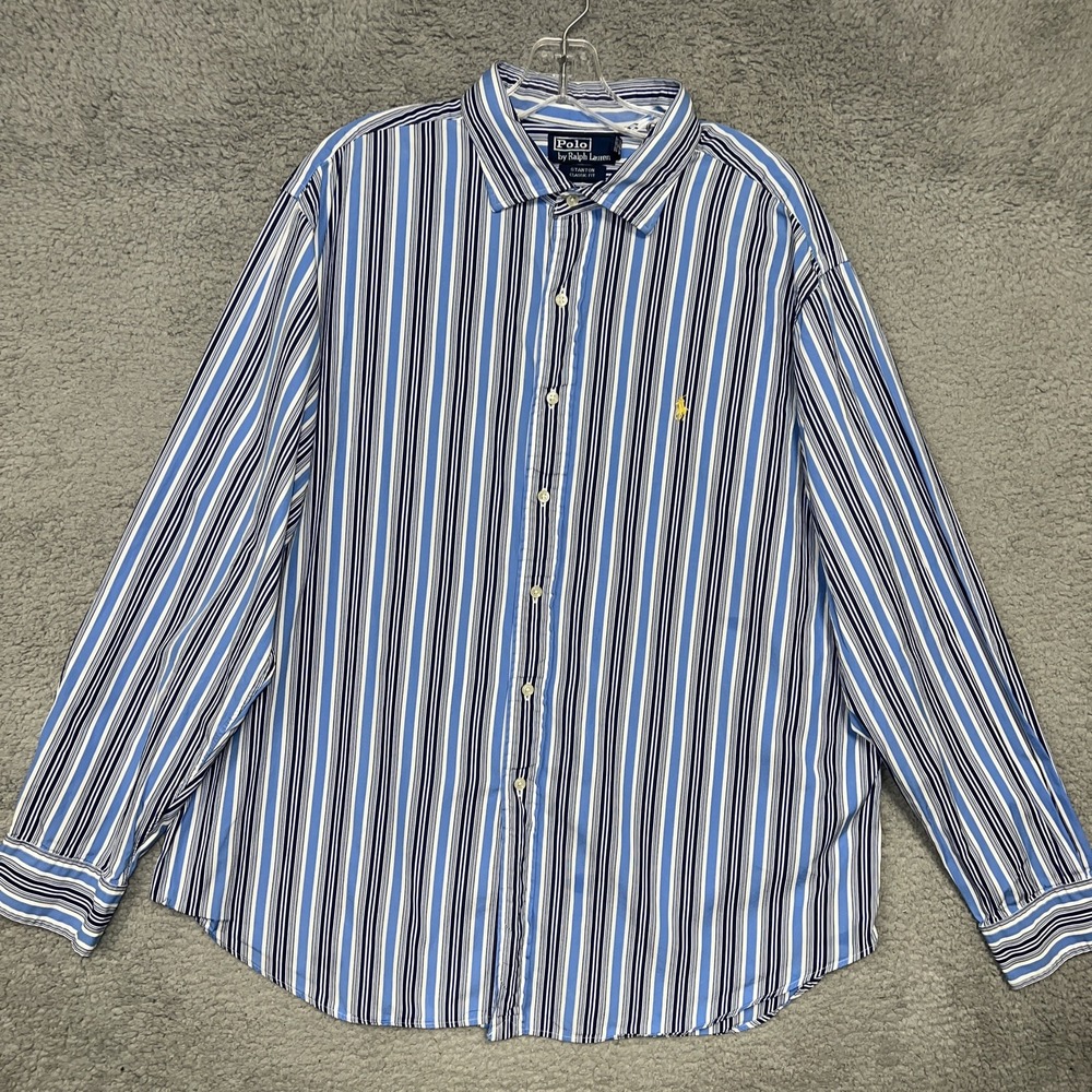 Polo Ralph Lauren Shirt Men's 2XL XXL Blue White Stripe Stanton Button Up Spread
